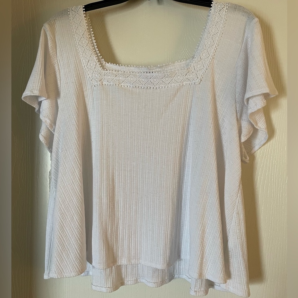 White Flowy Blouse - embroidered neckline lace top square neck spring feminine